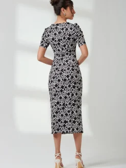 V Neck Bodycon Midi Dress, Black Geo