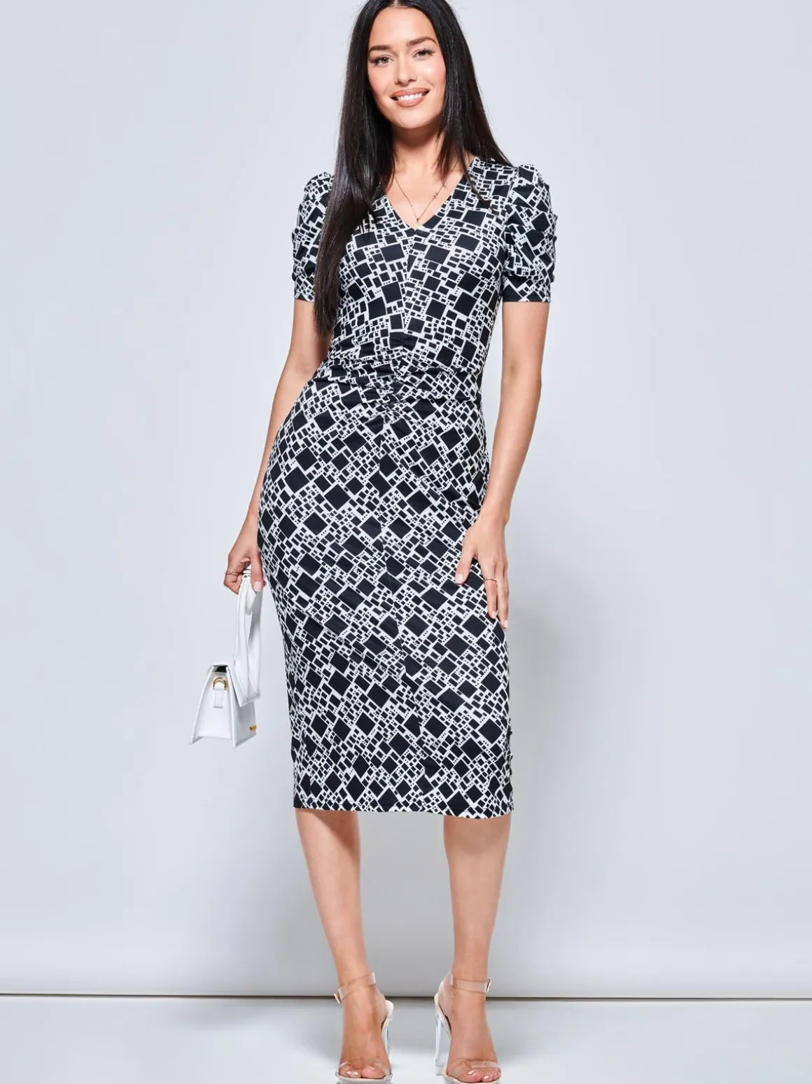 V Neck Bodycon Midi Dress, Black Geo