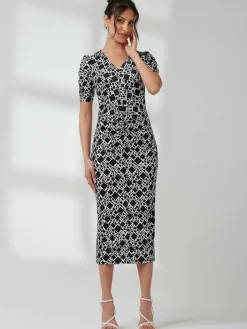 V Neck Bodycon Midi Dress, Black Geo