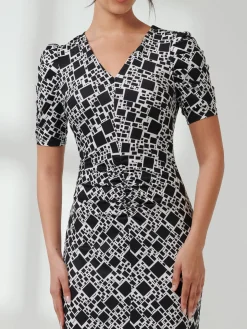 V Neck Bodycon Midi Dress, Black Geo