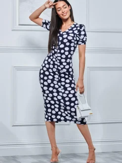 V Neck Bodycon Midi Dress, Navy Spot