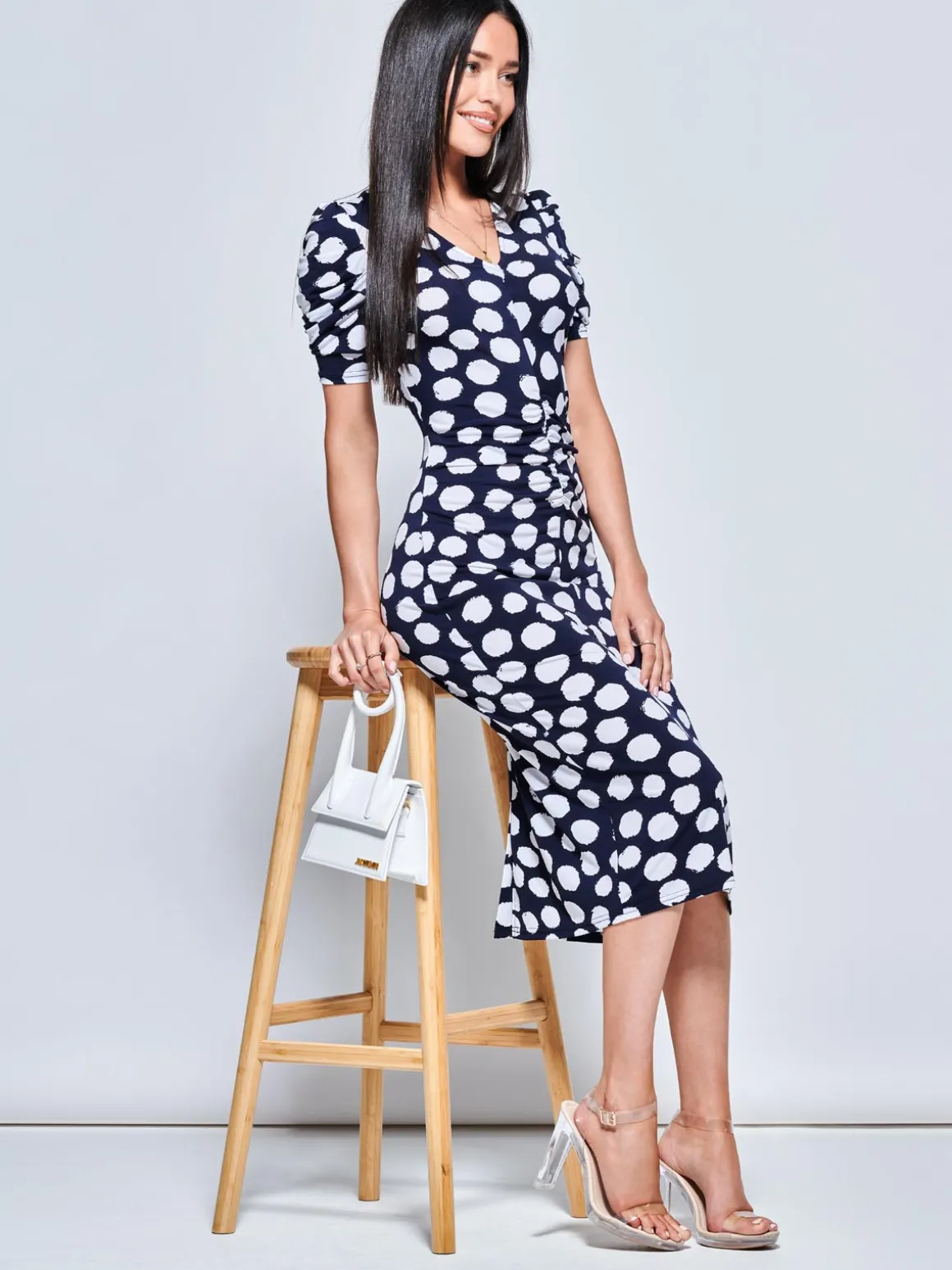 V Neck Bodycon Midi Dress, Navy Spot