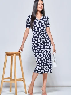 V Neck Bodycon Midi Dress, Navy Spot