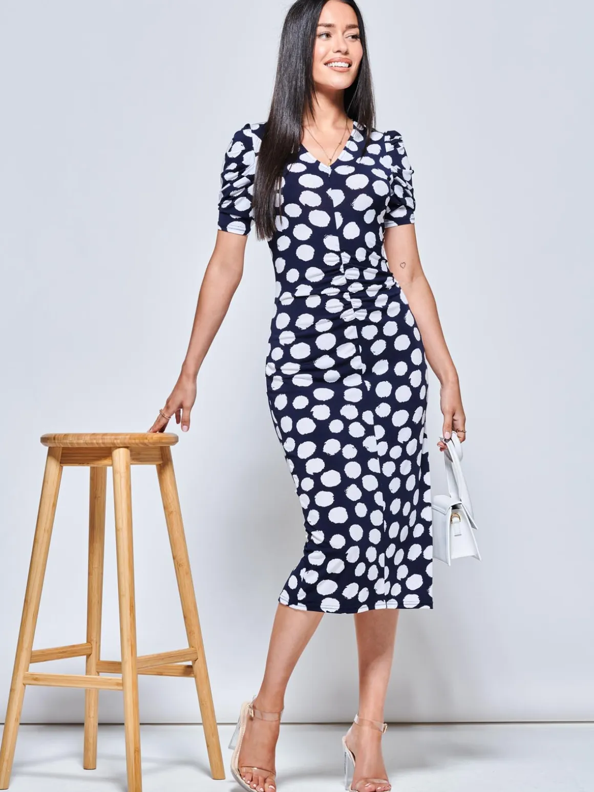 V Neck Bodycon Midi Dress, Navy Spot