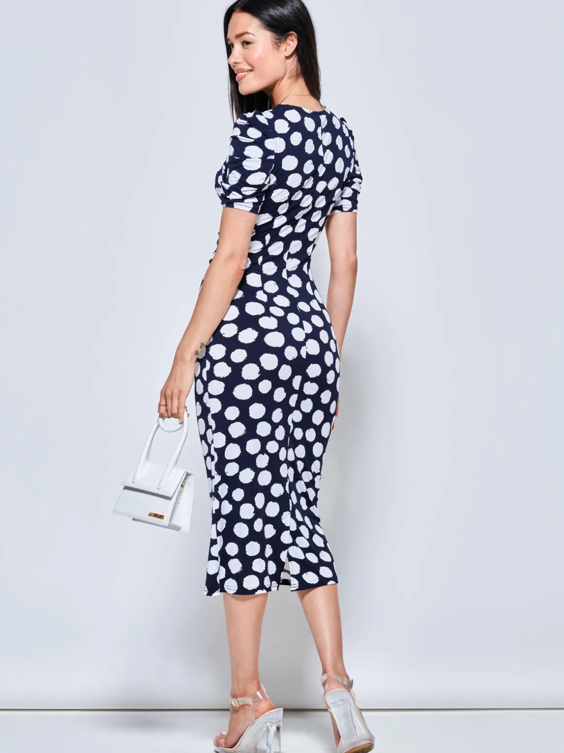 V Neck Bodycon Midi Dress, Navy Spot
