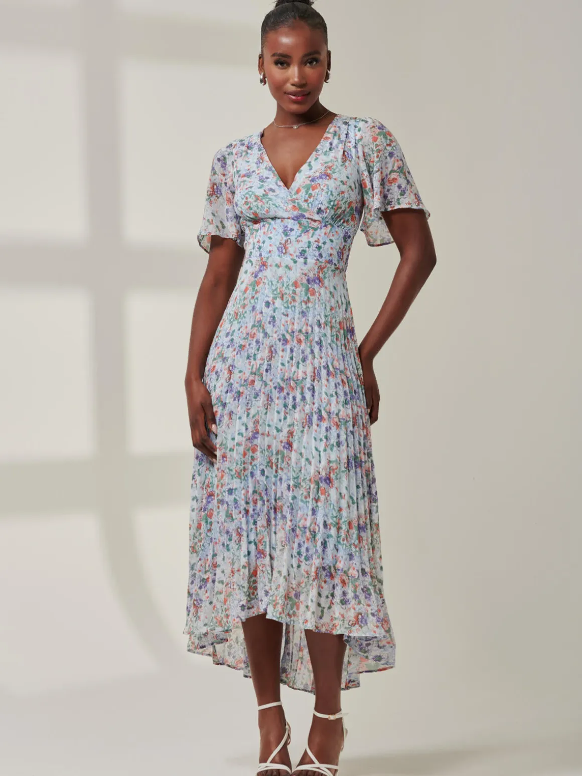 V-Neck Chiffon Maxi Dress, Blue Floral