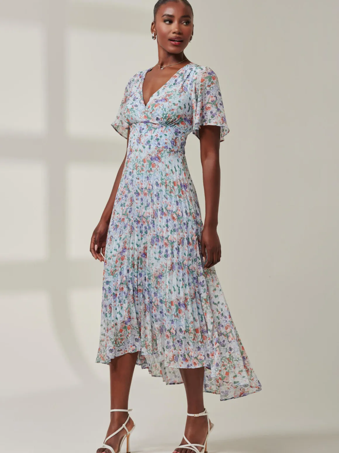 V-Neck Chiffon Maxi Dress, Blue Floral