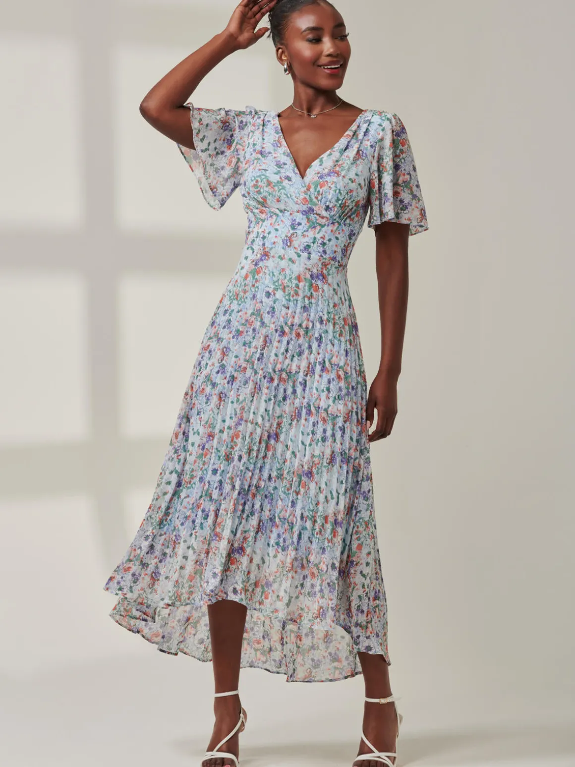 V-Neck Chiffon Maxi Dress, Blue Floral