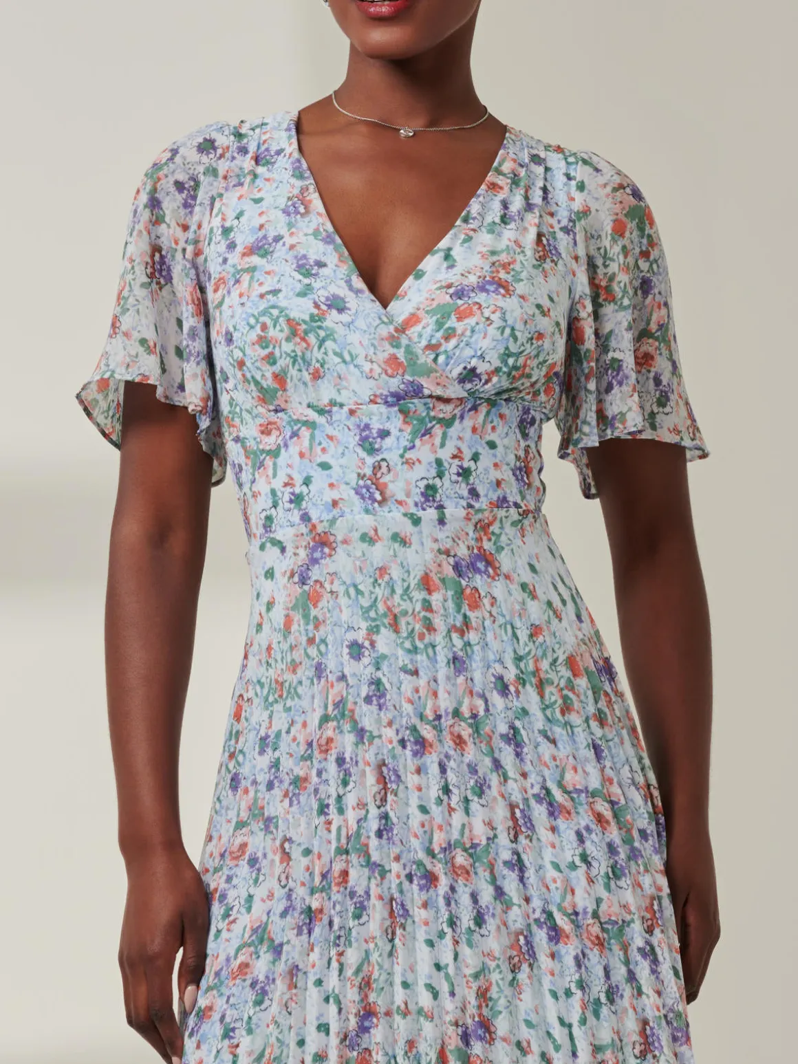V-Neck Chiffon Maxi Dress, Blue Floral