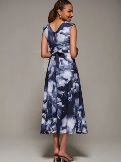 V-Neck Fit & Flare Scuba Midaxi Dress, Black Abstract