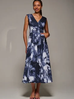 V-Neck Fit & Flare Scuba Midaxi Dress, Black Abstract