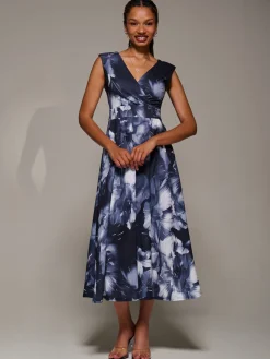 V-Neck Fit & Flare Scuba Midaxi Dress, Black Abstract