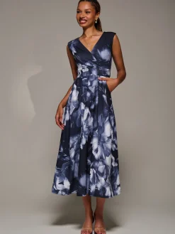 V-Neck Fit & Flare Scuba Midaxi Dress, Black Abstract