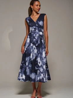 V-Neck Fit & Flare Scuba Midaxi Dress, Black Abstract