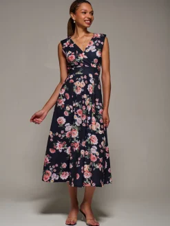 V-Neck Fit & Flare Scuba Midaxi Dress, Black Floral