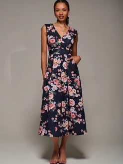 V-Neck Fit & Flare Scuba Midaxi Dress, Black Floral