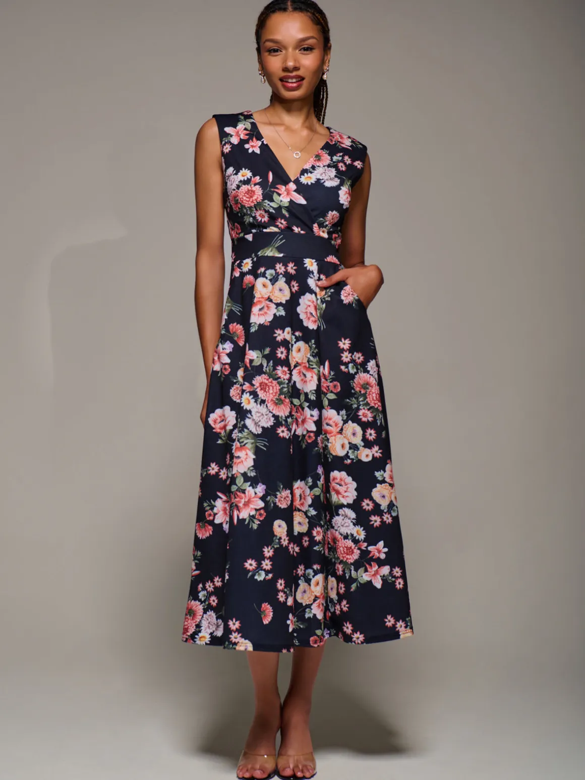 V-Neck Fit & Flare Scuba Midaxi Dress, Black Floral