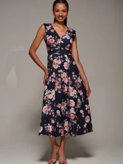 V-Neck Fit & Flare Scuba Midaxi Dress, Black Floral