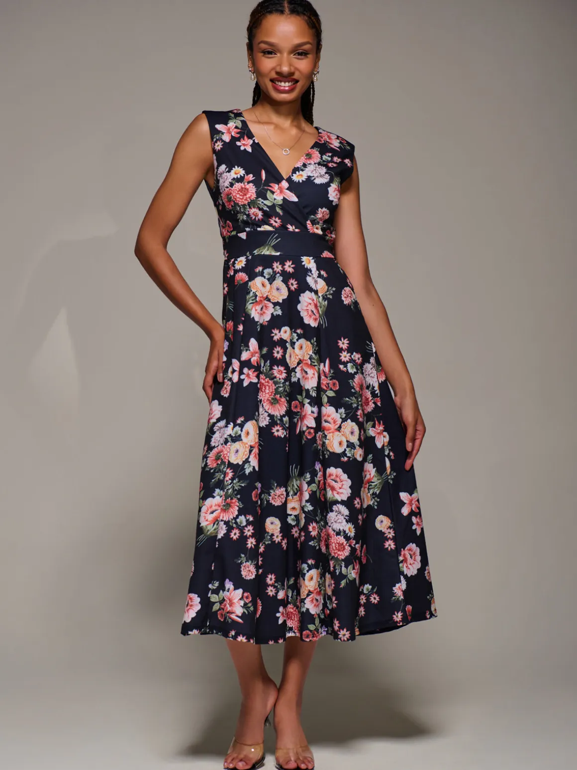 V-Neck Fit & Flare Scuba Midaxi Dress, Black Floral