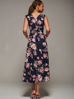 V-Neck Fit & Flare Scuba Midaxi Dress, Black Floral