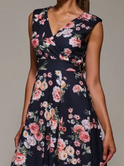 V-Neck Fit & Flare Scuba Midaxi Dress, Black Floral