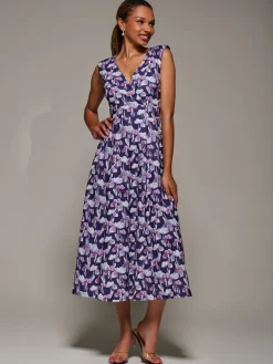 V-Neck Fit & Flare Scuba Midaxi Dress, Purple Floral