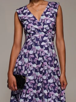 V-Neck Fit & Flare Scuba Midaxi Dress, Purple Floral