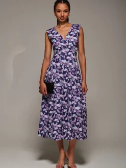 V-Neck Fit & Flare Scuba Midaxi Dress, Purple Floral