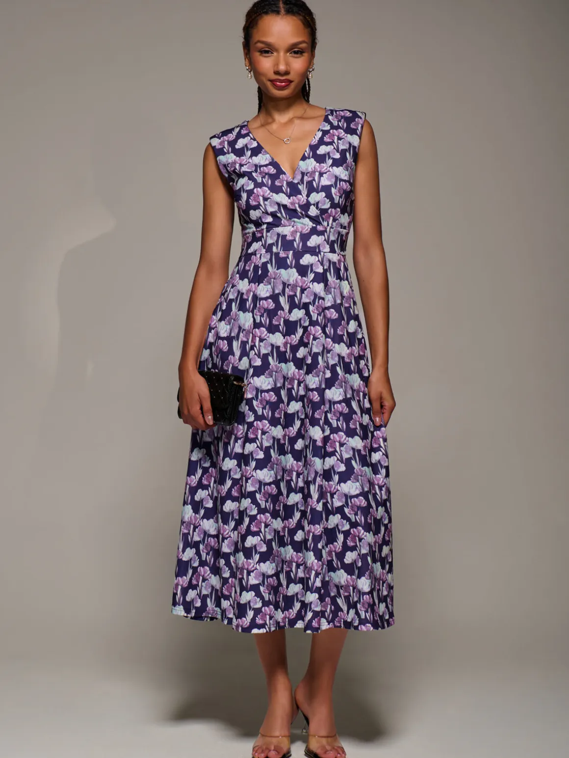 V-Neck Fit & Flare Scuba Midaxi Dress, Purple Floral