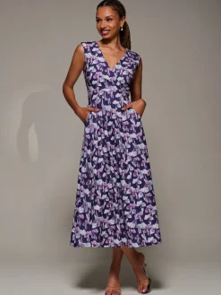 V-Neck Fit & Flare Scuba Midaxi Dress, Purple Floral