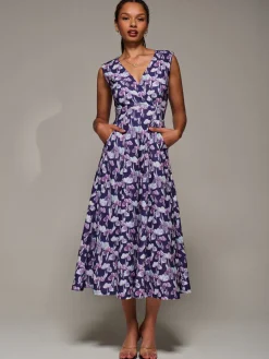 V-Neck Fit & Flare Scuba Midaxi Dress, Purple Floral