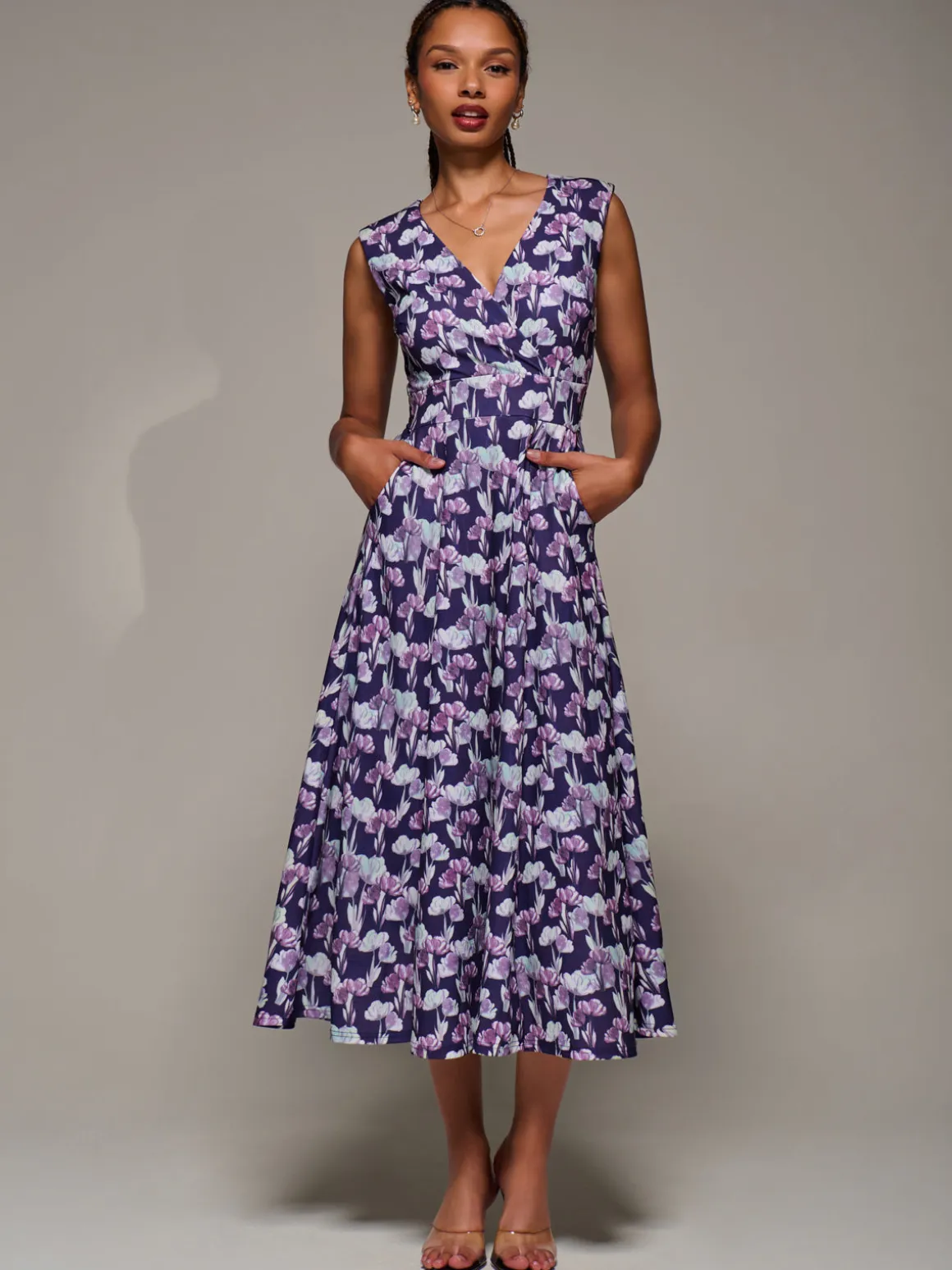 V-Neck Fit & Flare Scuba Midaxi Dress, Purple Floral