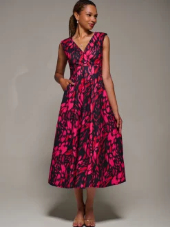 V-Neck Fit & Flare Scuba Midaxi Dress, Red Animal