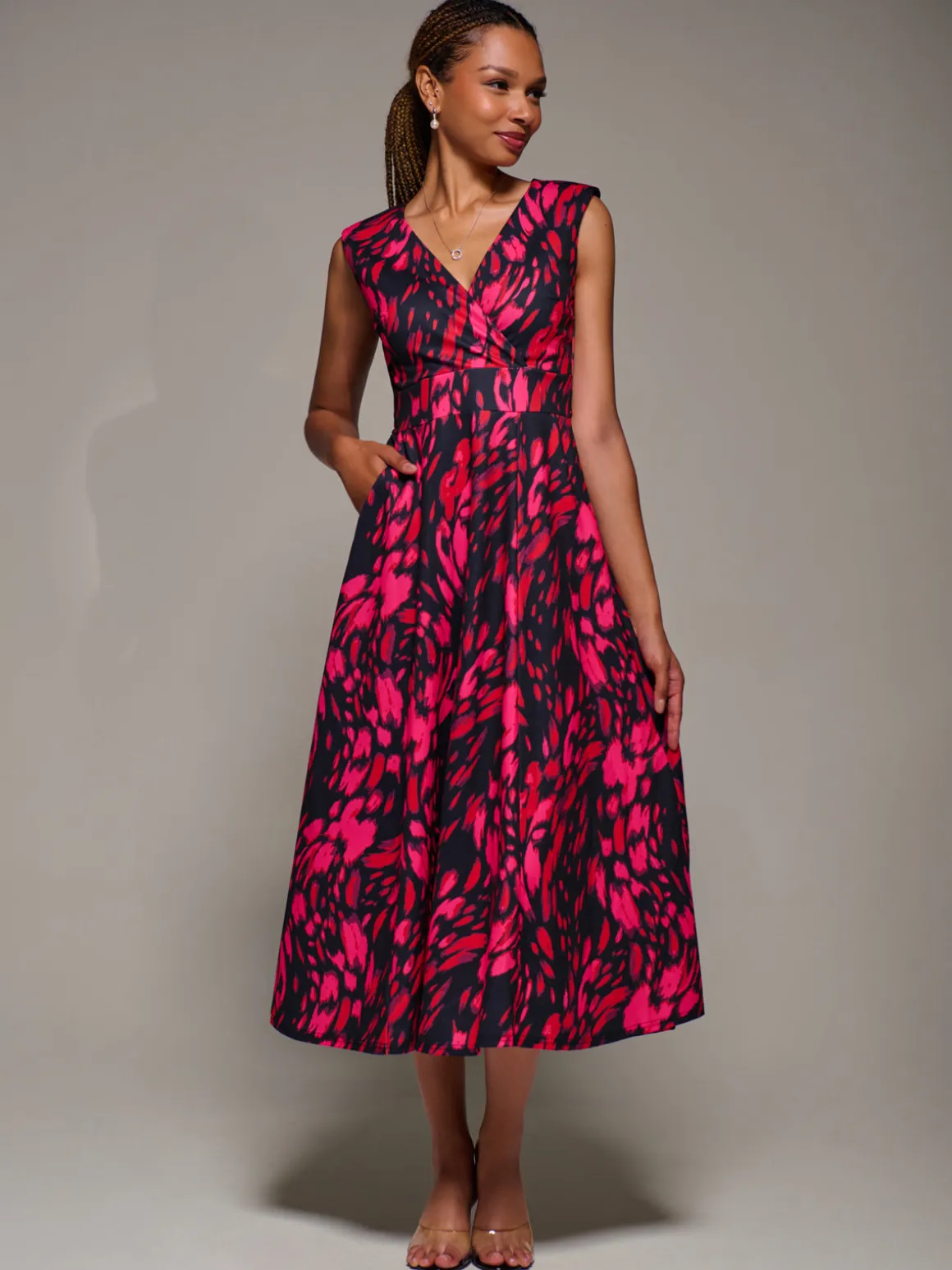 V-Neck Fit & Flare Scuba Midaxi Dress, Red Animal