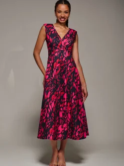 V-Neck Fit & Flare Scuba Midaxi Dress, Red Animal