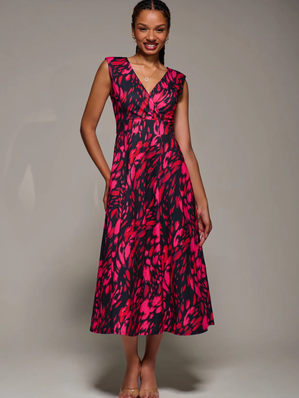 V-Neck Fit & Flare Scuba Midaxi Dress, Red Animal