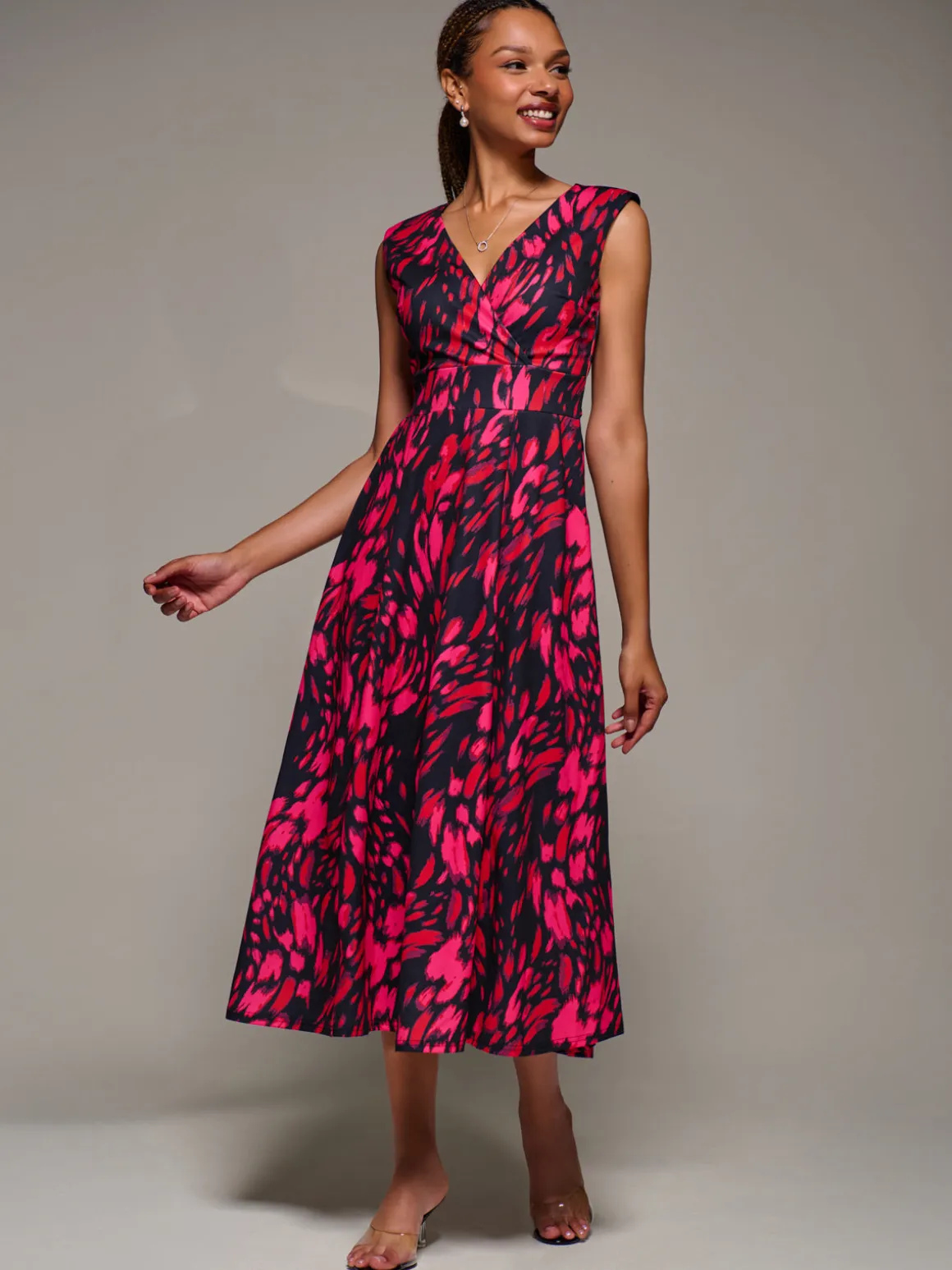 V-Neck Fit & Flare Scuba Midaxi Dress, Red Animal