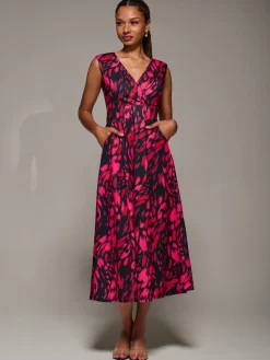 V-Neck Fit & Flare Scuba Midaxi Dress, Red Animal