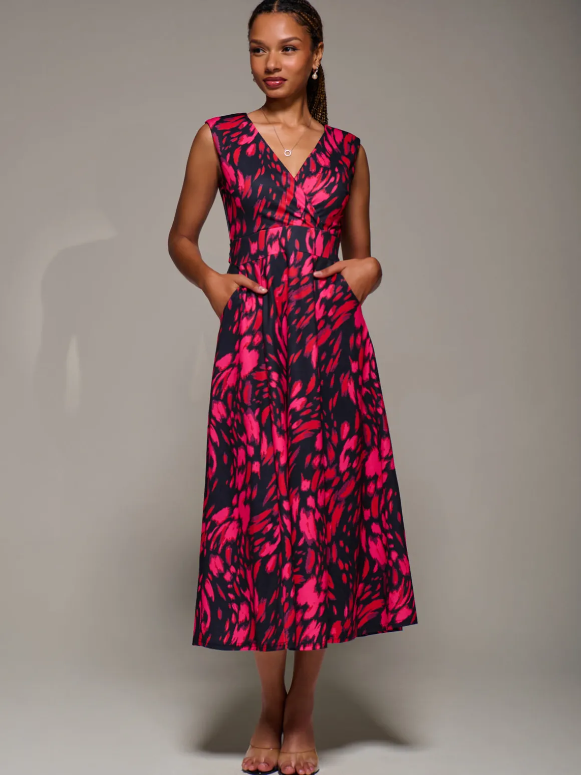 V-Neck Fit & Flare Scuba Midaxi Dress, Red Animal