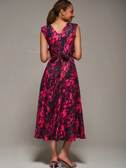 V-Neck Fit & Flare Scuba Midaxi Dress, Red Animal