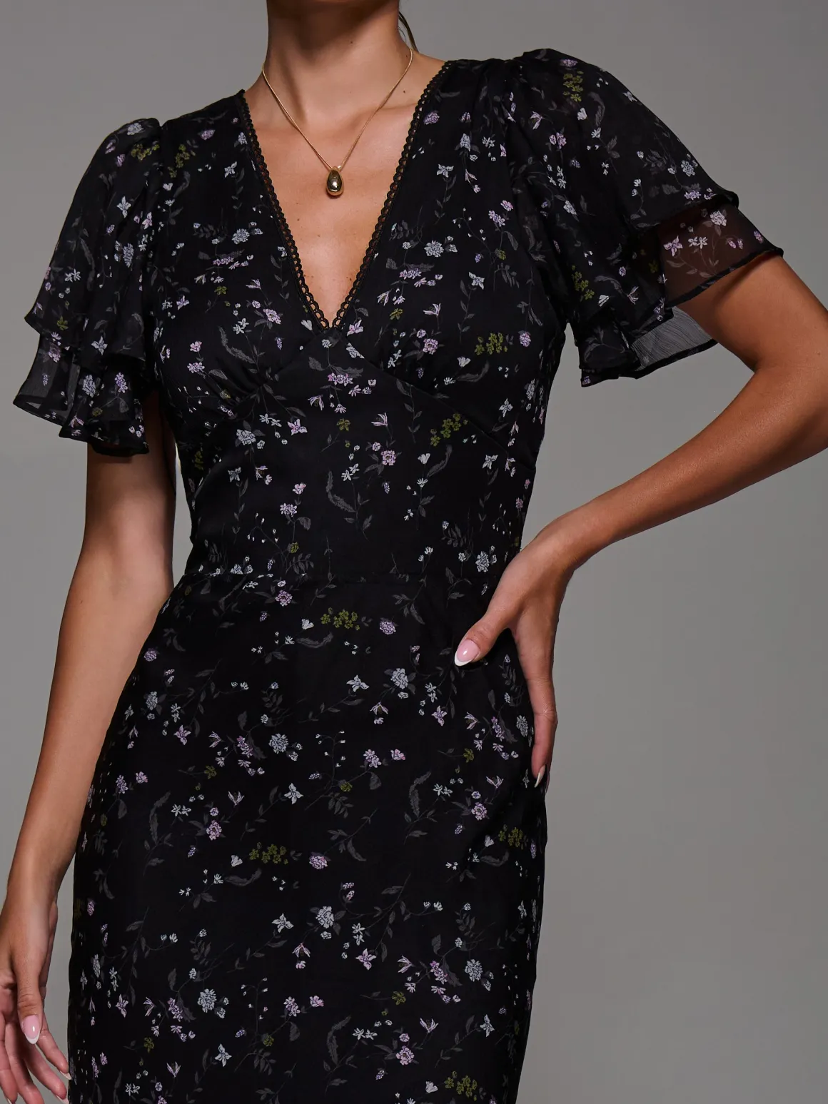 V-Neck Frill Sleeve Chiffon Midaxi Dress, Black Floral