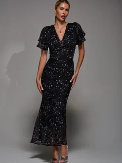 V-Neck Frill Sleeve Chiffon Midaxi Dress, Black Floral