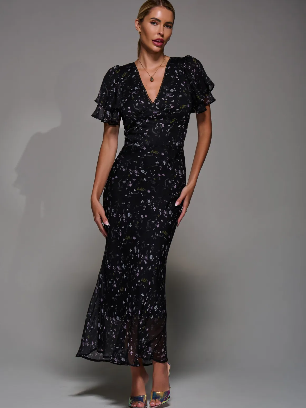 V-Neck Frill Sleeve Chiffon Midaxi Dress, Black Floral