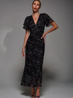 V-Neck Frill Sleeve Chiffon Midaxi Dress, Black Floral