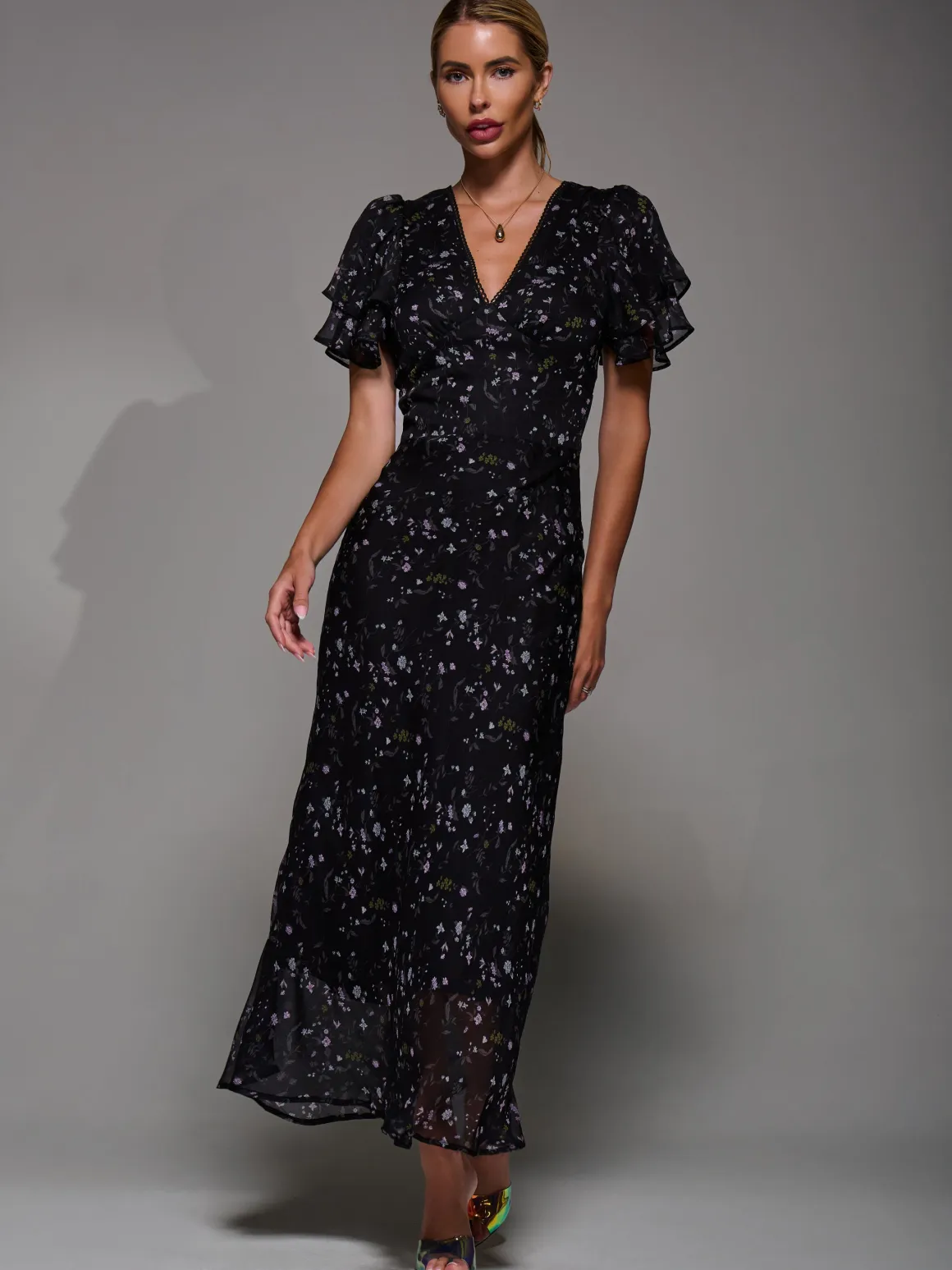 V-Neck Frill Sleeve Chiffon Midaxi Dress, Black Floral