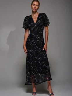 V-Neck Frill Sleeve Chiffon Midaxi Dress, Black Floral