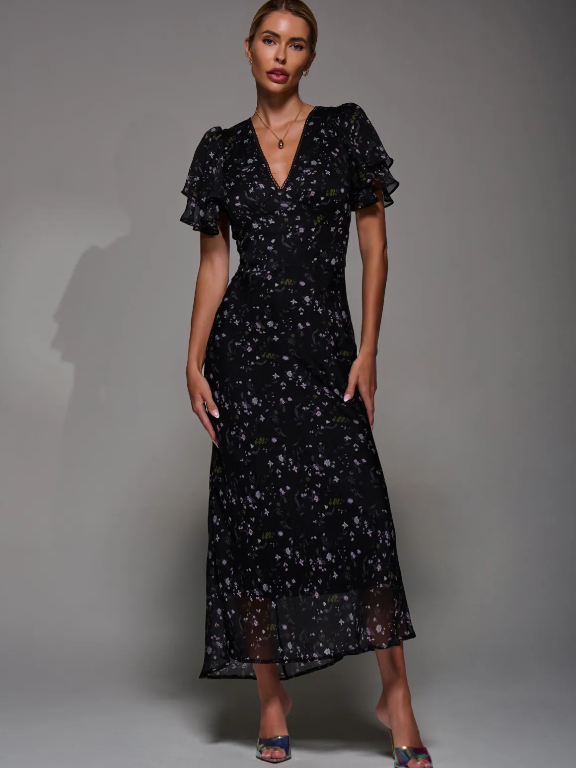V-Neck Frill Sleeve Chiffon Midaxi Dress, Black Floral