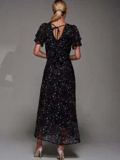 V-Neck Frill Sleeve Chiffon Midaxi Dress, Black Floral