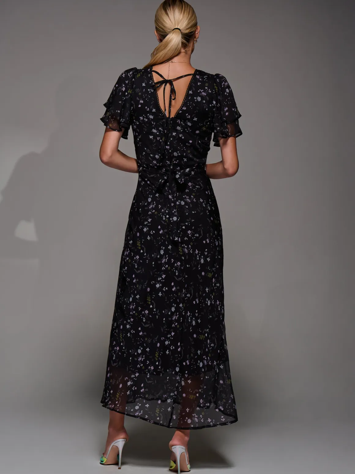 V-Neck Frill Sleeve Chiffon Midaxi Dress, Black Floral