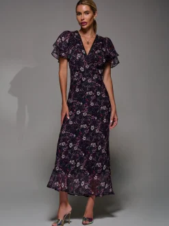 V-Neck Frill Sleeve Chiffon Midaxi Dress, Purple Multi